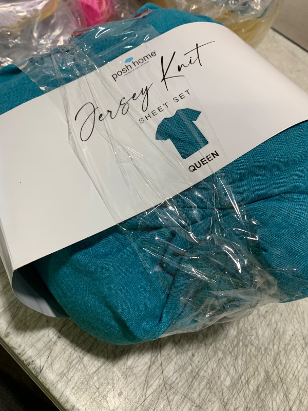Photo 1 of Posh Home Jersey Knit Sheet Set – 4-Piece Jersey Bed Sheets – T-Shirt Breathable & Soft Cotton Jersey Sheets - Includes Flat Sheet, Jersey Fitted Sheet, & 2 Pillowcases - Queen Jersey Sheets, Teal