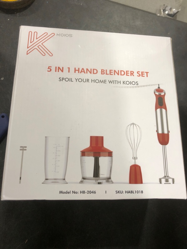 Photo 1 of KOIOS 5-in-1 Hand Immersion Blender, 1000W 12 Speed Handheld Blender Stick with Copper Motor Stainless Steel Blade, 600ml Mixing Beaker,500ml Food Processor, Whisk, Milk Frother, Non-BPA, Red