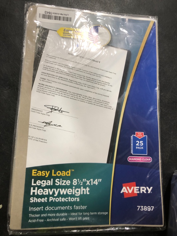 Photo 1 of Avery Diamond Clear Heavyweight Sheet Protectors, Holds 8.5" x 14" Sheets, Legal Size, Easy Load, 25ct (73897)