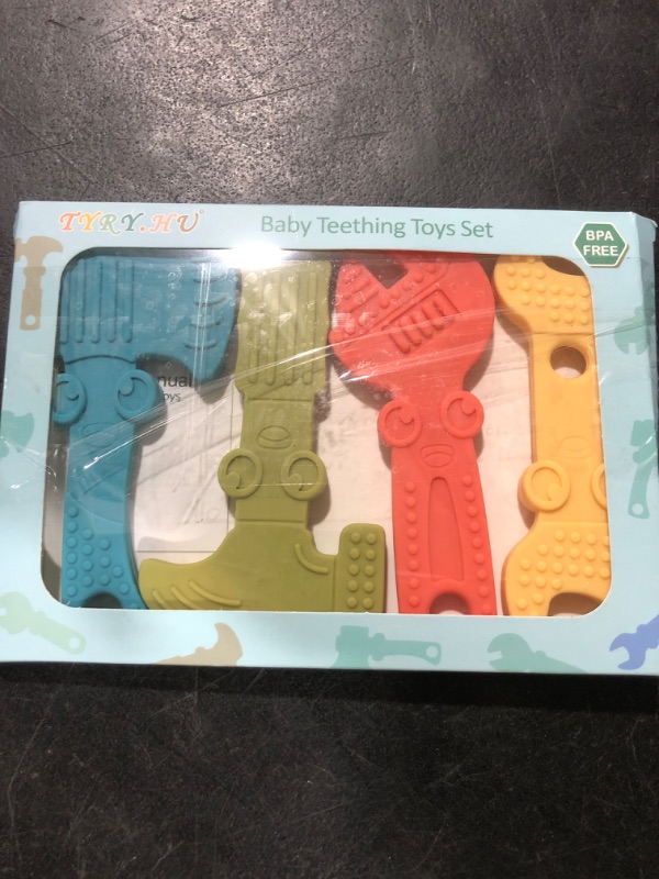 Photo 1 of TYRY.HU Baby Teething Toys for Babies 0-6 Months 6-12 Months, BPA Free Silicone Baby Molar Teether Chew Toys, Hammer Wrench Spanner Pliers for Boys Girls, Soft-Textured, Easy to Hold & Clean, 4 Packs