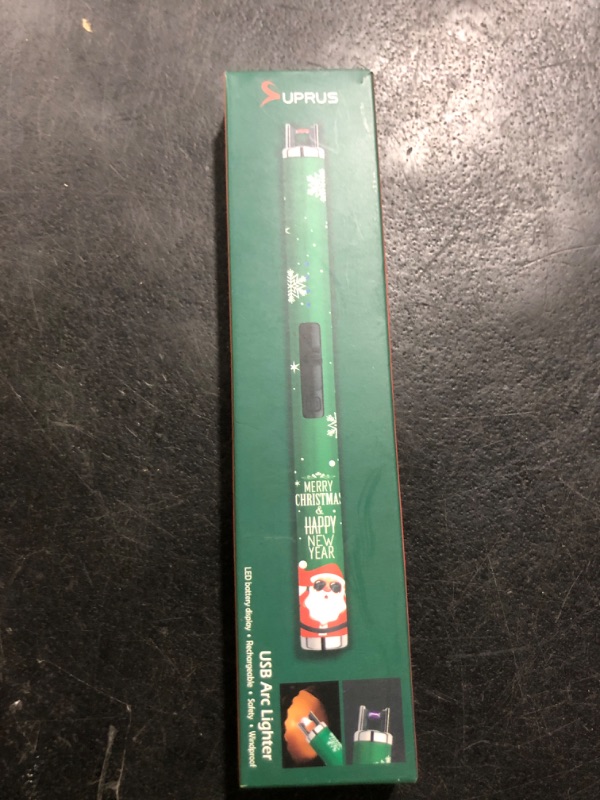 Photo 1 of SUPRUS Electric Candle Lighter USB Lighter with Upgraded LED Battery Display Safety Switch Rechargeable Flameless Plasma Windproof Pocket Size for Candle Cooking BBQs Fireworks (Christmas Green)