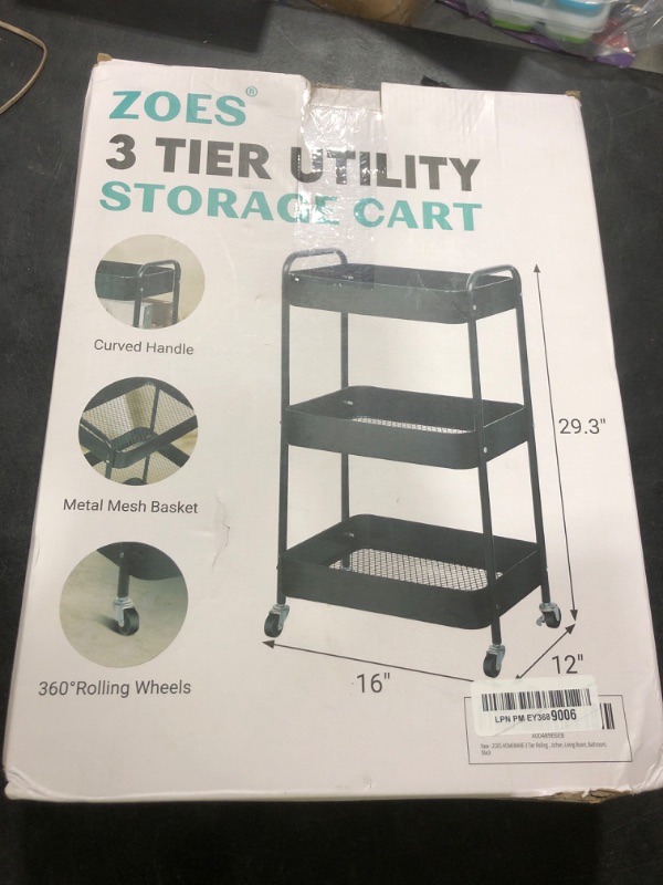 Photo 1 of ZOES HOMEWARE 3 Tier Rolling Cart, Metal Utility Cart with 4 Hooks, Rolling Storage Cart on Wheels, Small Organizer Cart for Nursery, Kitchen, Living Room, Bathroom, Black