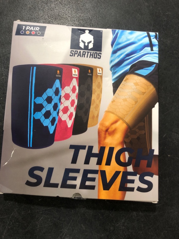 Photo 1 of Sparthos Thigh Compression Sleeves (Pair) - Upper Leg Sleeves for Men and Women Support for Bruised Tender Strained Muscles Pulled Hamstring Quad Brace Pain Relief Sports Injury Recovery (Blue-L)
