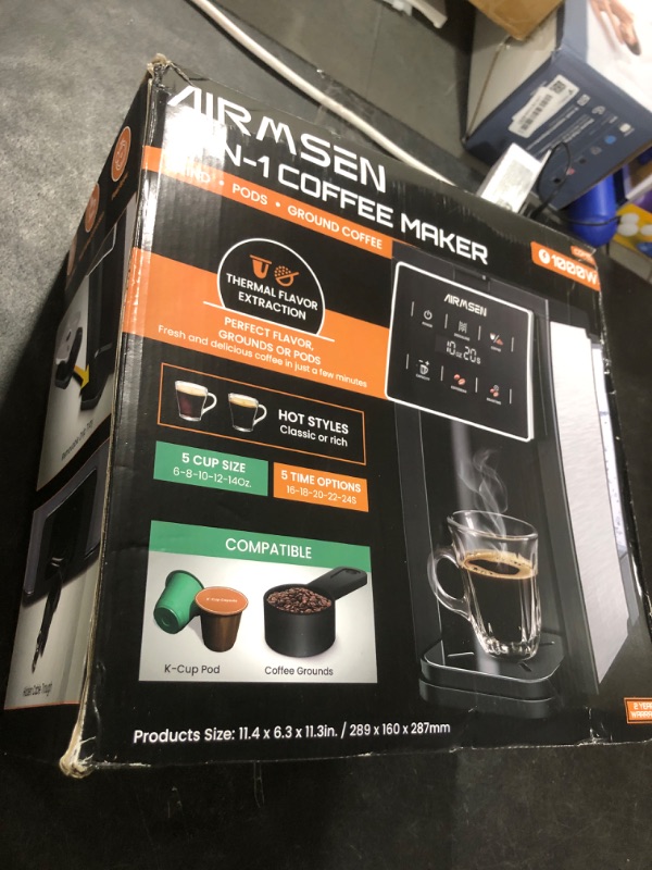 Photo 1 of AIRMSEN Grind & Brew Coffee Maker with Grinder - Single Serve Machine Compatible with K-Cup Pods & Ground Coffee, 1000W Fast 6-14oz Brewer, Descaling Alert, Touchscreen & 50oz Removable Tank