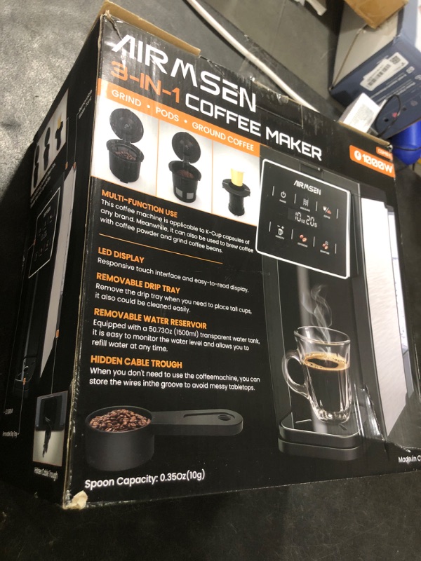 Photo 1 of AIRMSEN Grind & Brew Coffee Maker with Grinder - Single Serve Machine Compatible with K-Cup Pods & Ground Coffee, 1000W Fast 6-14oz Brewer, Descaling Alert, Touchscreen & 50oz Removable Tank