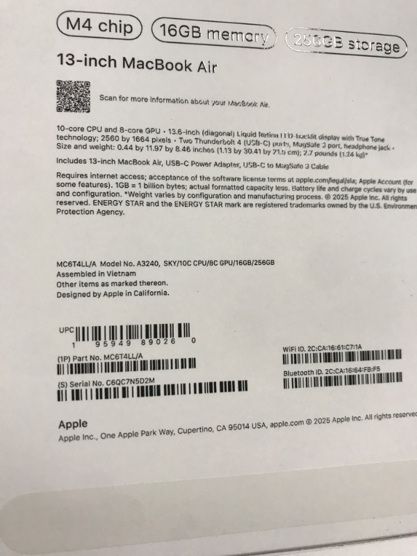 Photo 1 of Apple 2025 MacBook Air 13-inch Laptop with M4 chip: Built for Apple Intelligence, 13.6-inch Liquid Retina Display, 16GB Unified Memory, 256GB SSD Storage, 12MP Center Stage Camera, Touch ID; Sky Blue