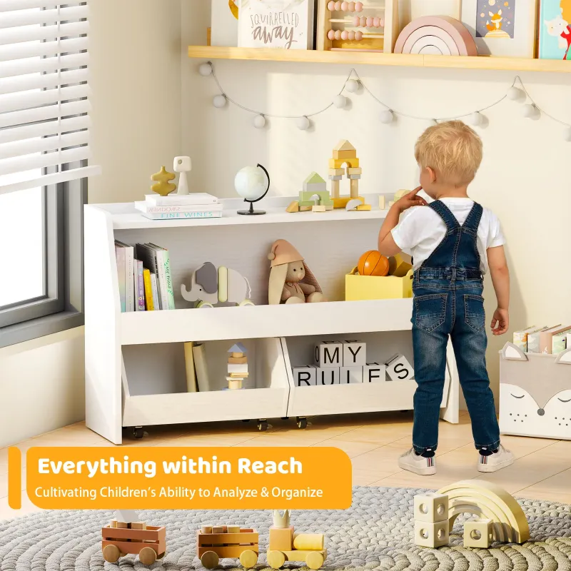 Photo 1 of 2-Tier Portable Toy Storage, Kids Toy Organizer W/2 Removable Bins with 4 Wheels?White)