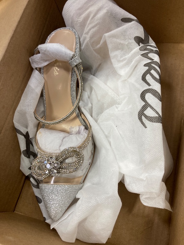 Photo 1 of  SIZE 7Ankis Women's Rhinestone Bow Heels Closed Toe Pumps Strappy Heels for Women Wedding Shoes for Bride Party Prom Evening Dress Shoes Clear Silver