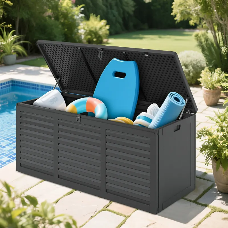 Photo 1 of 130 Gallon Resin Deck Box, Outdoor Lockable Storage Container for Patio Cushions, Garden Tools, Pool Supplies, Toys, Waterproof and UV Resistant, Reinforced Rib Design, Black