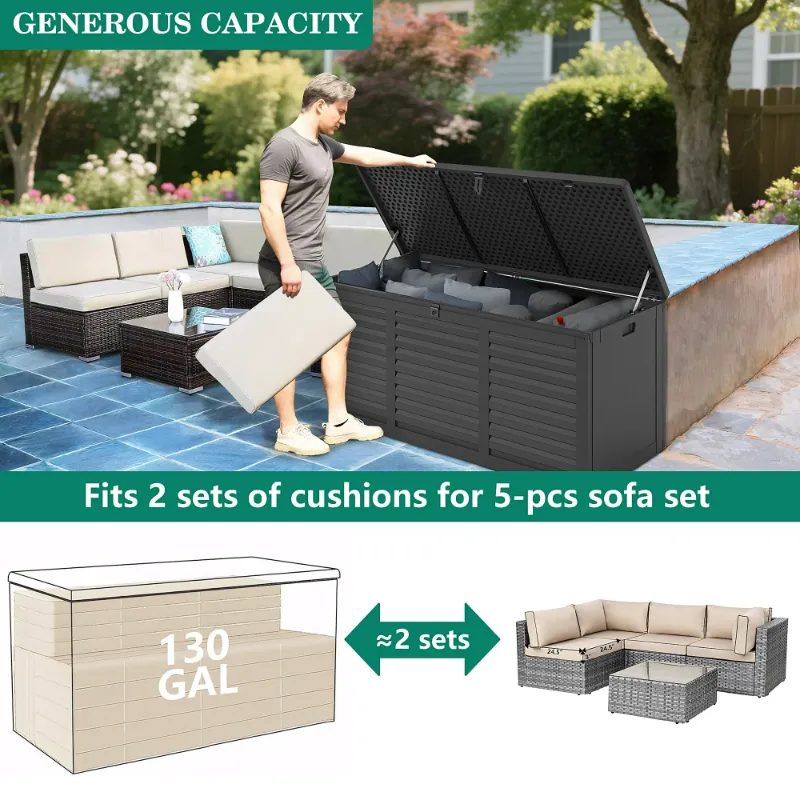 Photo 1 of 130 Gallon Resin Deck Box, Outdoor Lockable Storage Container for Patio Cushions, Garden Tools, Pool Supplies, Toys, Waterproof and UV Resistant, Reinforced Rib Design, Black