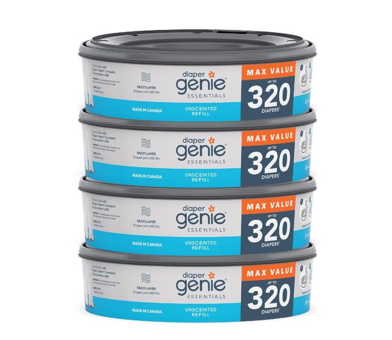 View 1 of 
Diaper Genie Essentials Round Refill Pack of 4 | Holds Up to 1280 Newborn Diapers | Features Unscented Continuous Film | Compatible with Diaper Genie Complete and Expressions Pails