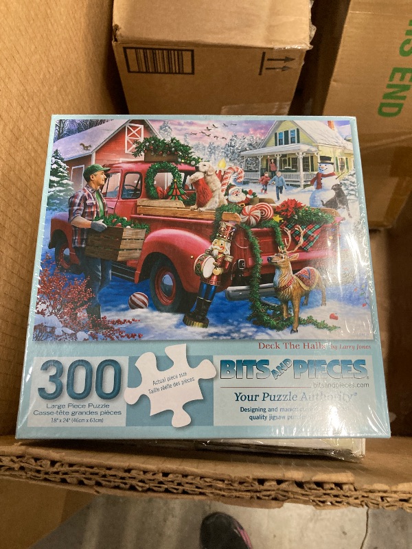 View 2 of **ONLY ONE PUZZLE-THE FIRST ONE DECK THE HALLS***Bits and Pieces - Value Set of Three (3) 300 Piece Jigsaw Puzzles for Adults - Puzzles Measure 18' x 24' - 300 pc Camp Holiday Tree Christmas Winter Bird House Snow Jigsaws by Artist Larry Jones