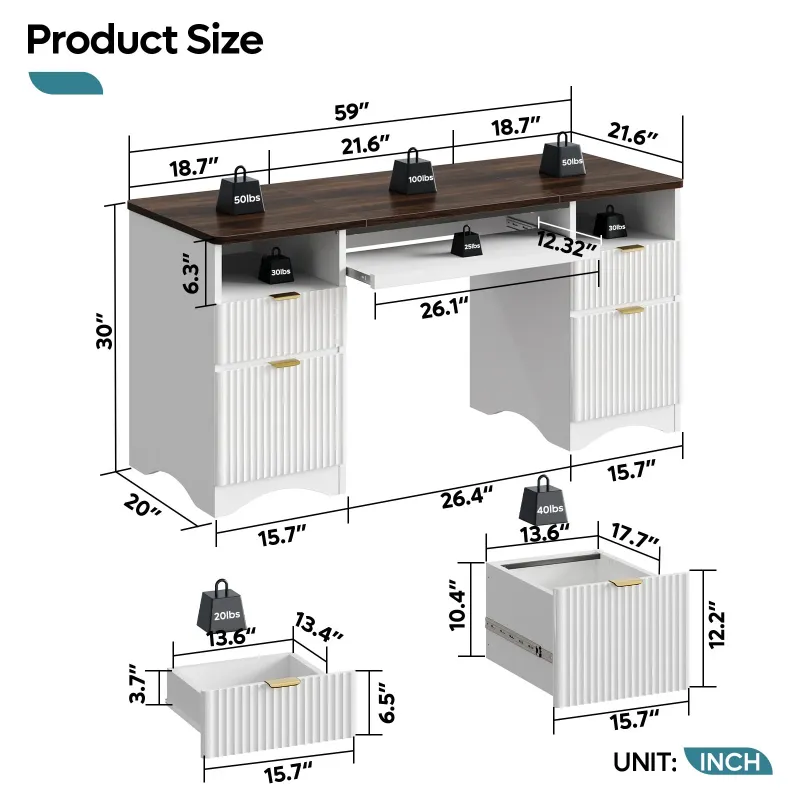 Photo 1 of Bestier 59" Home Office Computer Desk with Keyboard Tray and Storage Drawers, Modern Executive Desk for Writing Reading, Walnut and White