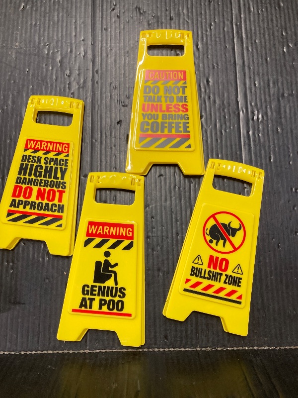 Photo 1 of ***ABOUT 10" TALL***YOBRO 4 Pack Funny Desk Warning Signs with Humorous Themes, Joke Gag Gifts for Men/Women, “Do Not Disturb” Caution Signs for Office/Dorm Decor, White Elephant Gifts for Coworkers, College Dorm Novelties***ABOUT 10" TALL***