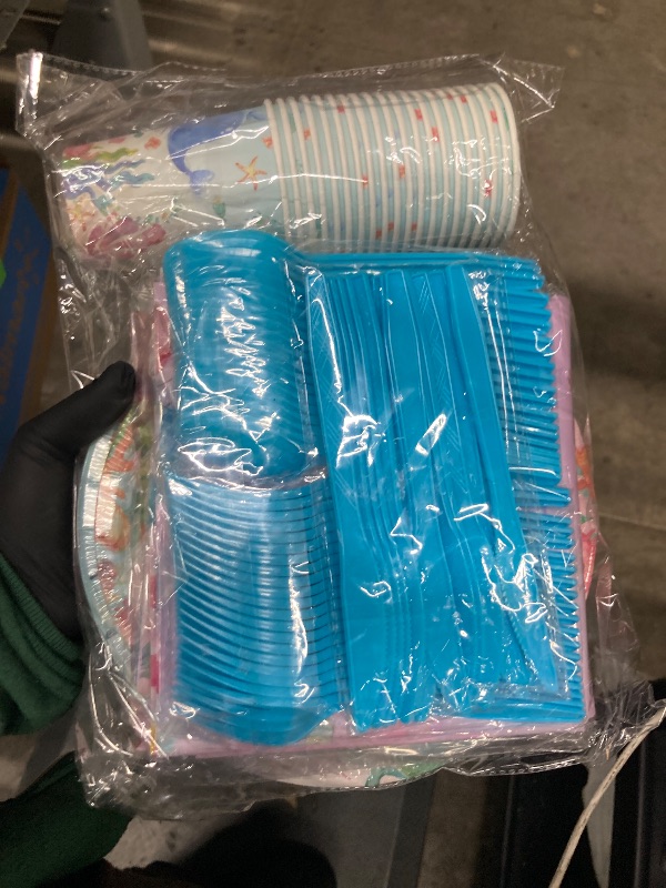 Photo 1 of 143Pcs Under the Sea Party Supplies Set - Ocean Theme Plates, Cups, Napkins, Tablecloth, Banner, and Cutlery for Birthday or Baby Shower (Serves 20 Guests)