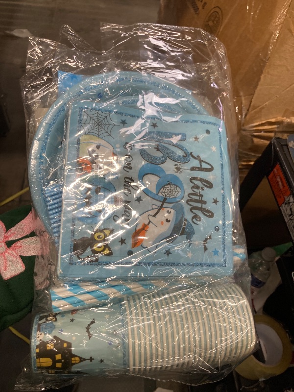 Photo 1 of 197pcs Halloween Little Boo Baby Shower Decorations for Boy,A Little Boo is On The Way Tableware, Halloween Baby Shower Party Supplies Disposable Paper Plates,Napkins,Tablecloth,Cups,Cake Topper,Forks