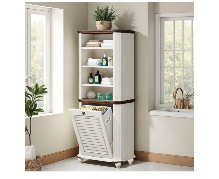 Photo 1 of  Tall Tilt-Out Laundry Storage Cabinet, Hidden Hamper with Adjustable Shelves, Removable Basket & Sturdy Wooden Design for Bathroom or Laundry Room Organization, White