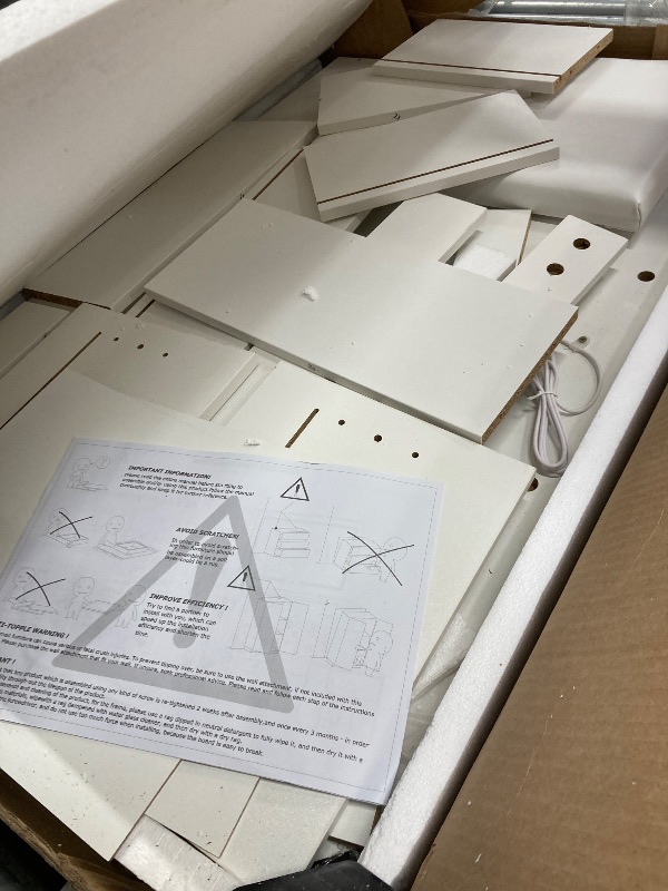 Photo 1 of ***DAMAGED*** NO MIRROR INCLUDED *** LIVELYGLOW Makeup Vanity Desk Set, White, 35.4“W x 15.7" D x 53.9" H with Cushion Stool, Hairdryer Rack, Power-Outlet, 4 Drawers)  ***(SOME SCUFFS/SCRATCHES, CORNER EDGE DAMAGE, CRACK/CHIPS, MISSING MIRROR, BOX RIPPED/