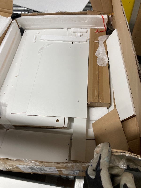 Photo 1 of ***DAMAGED*** NO MIRROR INCLUDED *** LIVELYGLOW Makeup Vanity Desk Set, White, 35.4“W x 15.7" D x 53.9" H with Cushion Stool, Hairdryer Rack, Power-Outlet, 4 Drawers)  ***(SOME SCUFFS/SCRATCHES, CORNER EDGE DAMAGE, CRACK/CHIPS, MISSING MIRROR, BOX RIPPED/