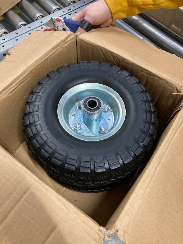 Photo 1 of (2 Pack) 10 Inch Solid Polyurethane Tire 4.10/3.50-4 Tire, 10" Flat Free Wheels with 5/8" Bearings, 2.2" Offset Hub for Garden Cart, Hand Truck, Lawn Cart, Mower