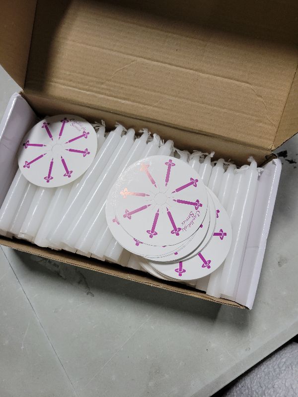 Photo 1 of 100 Church Candles with Drip Protectors for Devotional Candlelight Vigil Service, Box of 100 Candles, Unscented White 5" H X 1/2" D, No Smoke