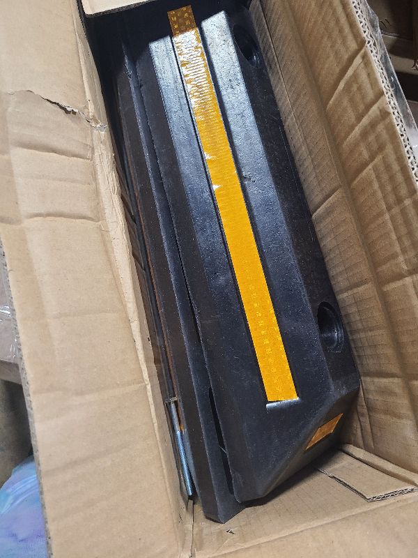 Photo 1 of 2 Pack Rubber Parking Guide Blocks Heavy Duty Wheel Stop Stoppers for Car Garage Parks Professional Grade Parking Rubber Curb w/Yellow Refective Stripes for Truck RV Trailer 21.25"(L)x5.7"(W)x3.54"(H)