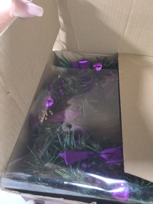 Photo 1 of [Safety Fire Retardant] Christmas Purple Advent Wreath Decor 4 Advent Candle Holder with 4 Pinecorn 4 Ribbon 2 Poinsettia 4 Ball 4 Berry Christmas Centerpiece Table Decorations Home Indoor(No Candles)