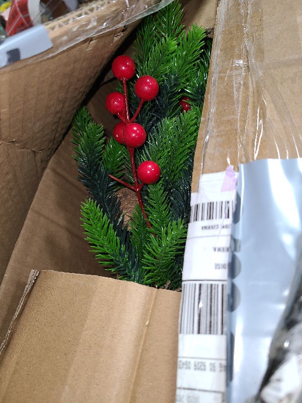 Photo 1 of 2 Pack 24 Inch Tabletop Small Christmas Trees with Lights Timer Realistic-Feel PE Pine 2 Ft Artificial Mini Christmas Tree Battery Operated Red Berries Pinecone Christmas Decoration Indoor Xmas