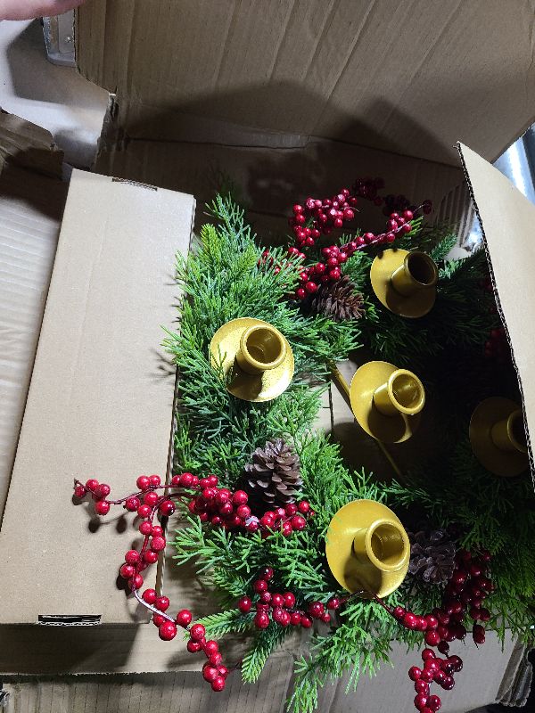 Photo 1 of 12 Inch Christmas Advent Wreath with 5 Candle Holders and Taper Candles, Metal Candle Cups, Fire-Retardant Evergreen Centerpiece for Table Home & Church Advent Decoration