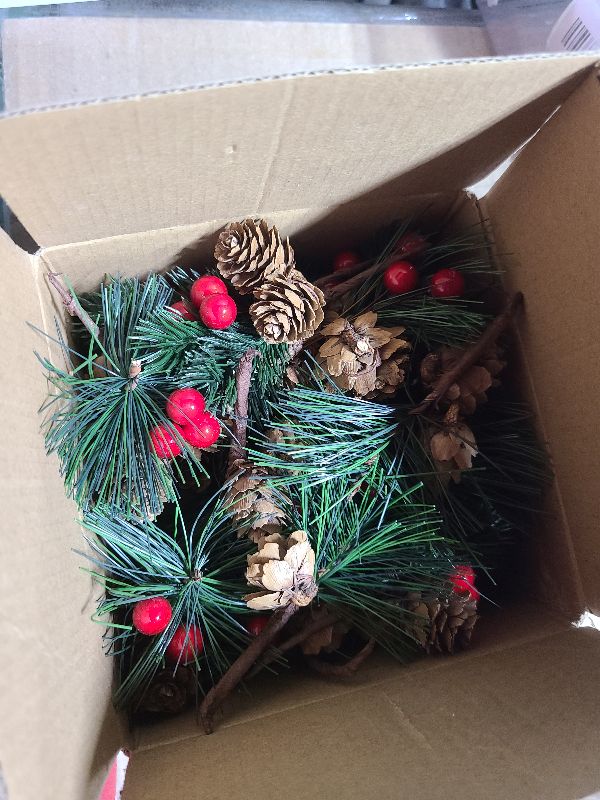Photo 1 of 24 PCS Artificial Pine Picks with Pine Needles Branches & Red Berry Stems - 3.15'' Small Fake Berries Pinecones for Crafts, Christmas Tree DIY, Holiday Wreath Decor