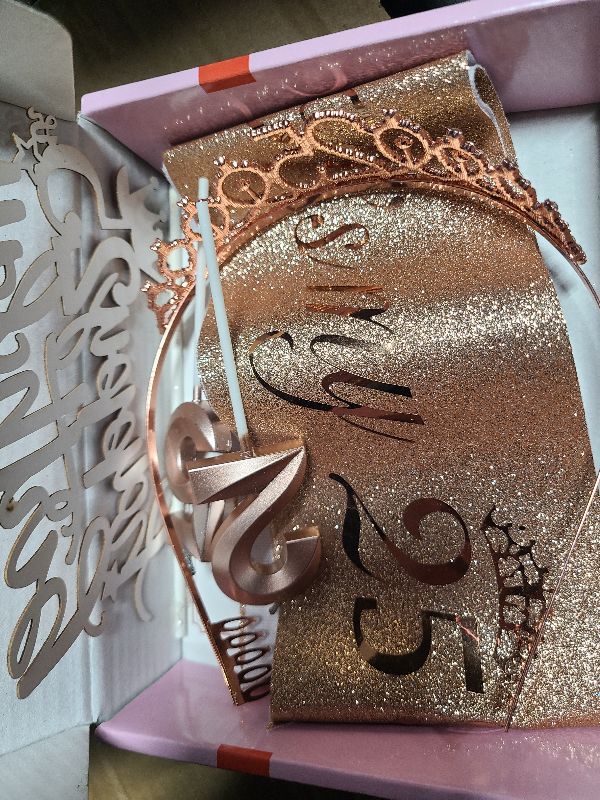 Photo 1 of 25th Birthday Decorations for Women Including Sash, Tiara/Crown, Numeral Candles and Cake Topper, 25th Birthday Gifts for Women, Rose Gold Party Favor Supplies