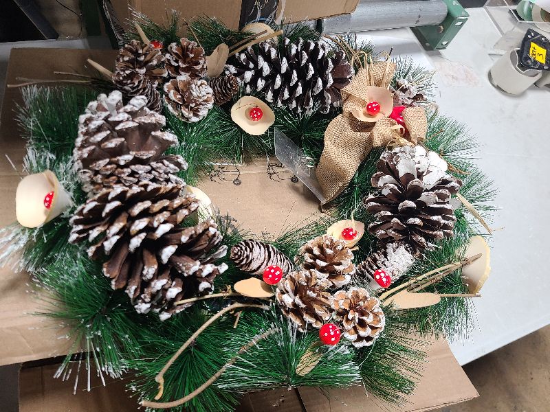 Photo 1 of 20 Inch Christmas Wreath - Christmas Front Door Wreath Ornament with LED Lights Pinecone Berries Artificial Pine Garland for Party Table Fireplaces Porch Walls New Years Home Decor