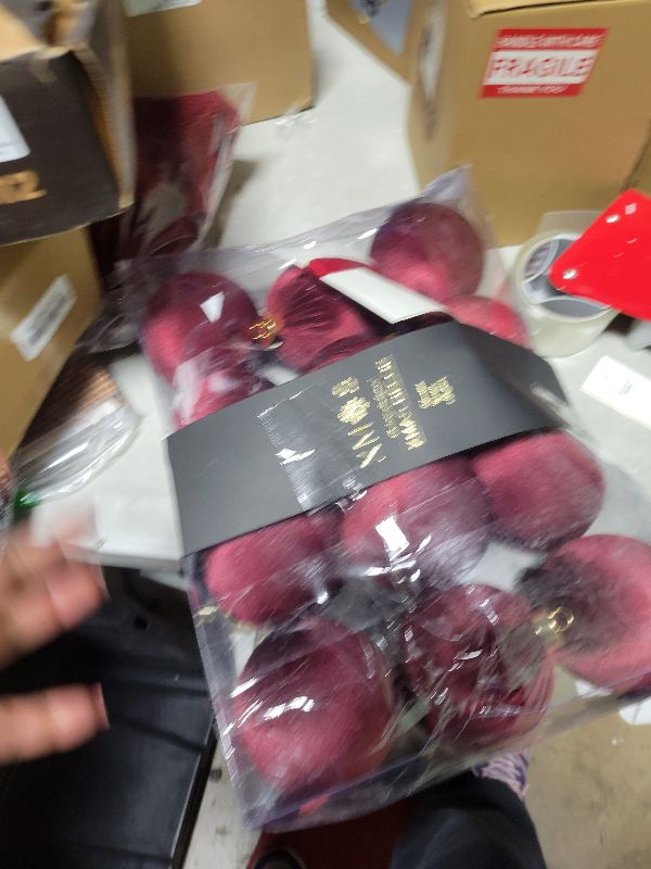 Photo 1 of 12PCS Red Velvet Christmas Ornaments Set – Large Flocked Shatterproof Baubles for Xmas Tree Decoration, Hanging Ornaments for Holiday & Home Décor (Burgundy Red, 4 Inch / 10 cm)