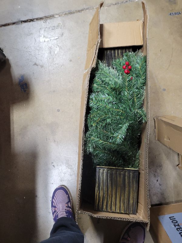 Photo 1 of 2 Pack 4 Ft Artificial Christmas Entrance Tree in 7”Large Base with 60 LEDs Warm White Light Timer Battery Operated 126 Classic Branch 18 Smoky Pine Bristle 14 Pinecone 12 Berries Xmas Door Decor