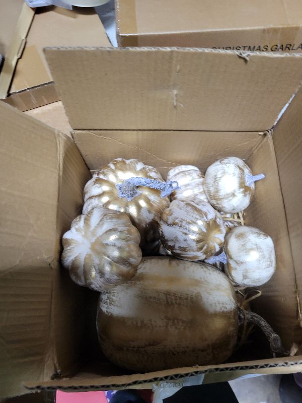 Photo 1 of 12 PCS Gold Brushed Pumpkins, Thanksgiving Table Centerpiece Decorations, Outdoor Faux Fake Foam Pumpkins for Fall Harvest, Halloween, Thanksgiving, Wedding, Table, Home Decor (Gold Brushed)