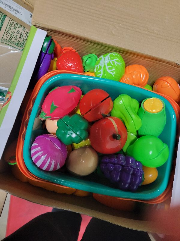 Photo 1 of 100 Pcs Play Food Set for Kids Kitchen, Pretend Food Toy for Toddlers Age 1-3, Plastics Cutting Fake Food/ Fruit/ Vegetable Accessories with 2 Baskets, Birthday Gifts for 2 3 4 5 Years Old Boys Girls
