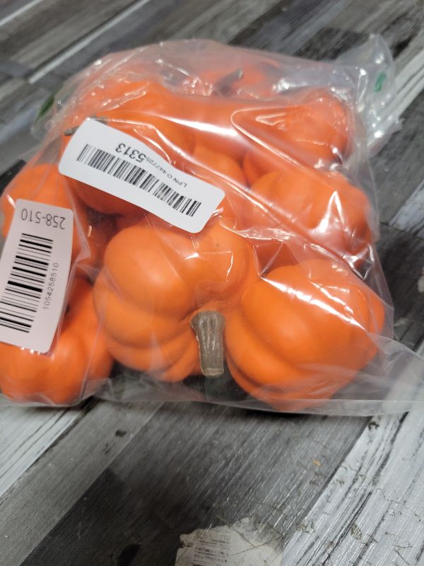 Photo 1 of 10Pcs Fake Pumpkins Fall Thanksgiving Decorations,Orange Plastic Pumpkins Home Decor, Artificial Mini Pumpkin for Decorating Autumn Harvest Outdoor Indoor Fall Decor Centerpiece Table Decorations