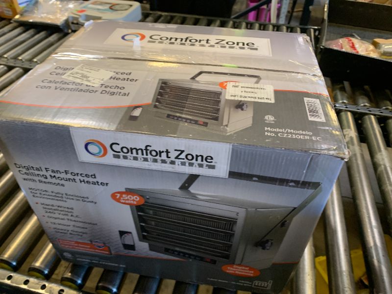 Photo 1 of Comfort Zone 7500W Hard-Wired Garage Heater – Industrial & Commercial Ceiling Mount, 240V Fan-Forced with Remote, Digital Thermostat, Timer, 2 Heat Settings, Overheat Protection, Grey