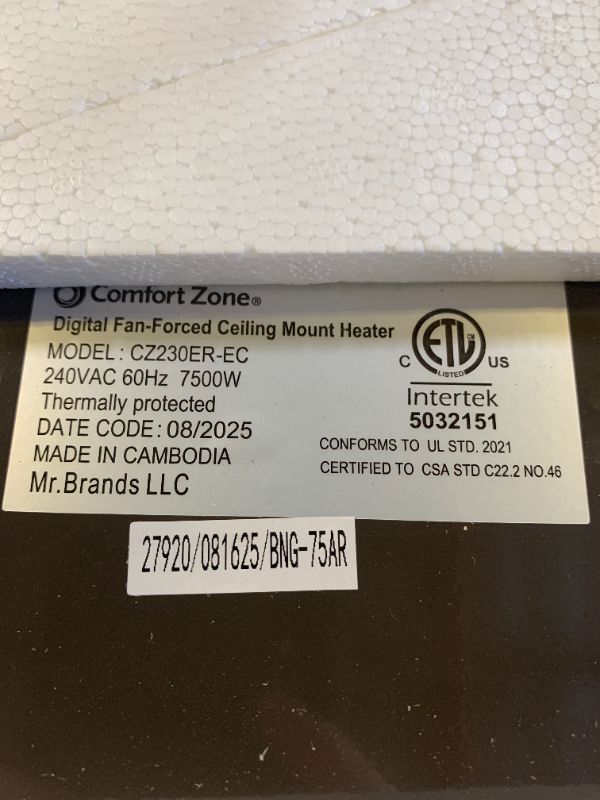 Photo 1 of Comfort Zone 7500W Hard-Wired Garage Heater – Industrial & Commercial Ceiling Mount, 240V Fan-Forced with Remote, Digital Thermostat, Timer, 2 Heat Settings, Overheat Protection, Grey