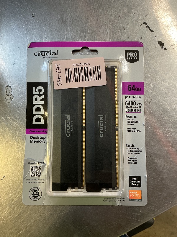 Photo 1 of Crucial Pro DDR5 RAM 64GB Kit (2x32GB) 6400MHz CL40, Overclocking Desktop Gaming Memory, Intel XMP 3.0 & AMD Expo Compatible – Black CP2K32G64C40U5B