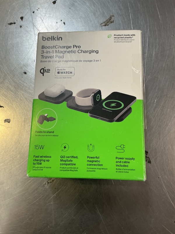 Photo 1 of Belkin MagSafe Charger Compatible 3-in-1 Magnetic Charging Travel Pad 15W-BoostCharge Pro Foldable Qi2-Certified Wireless Charger, MagSafe-Compatible Charger for iPhone 16 Series, Apple Watch, AirPods