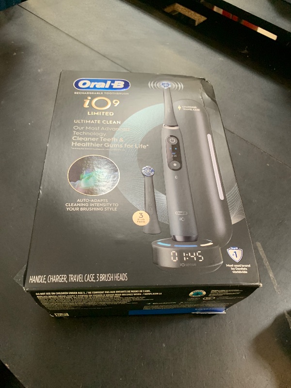 Photo 1 of Oral-B iO Series 9 Limited Rechargeable Black Electric Toothbrush with (2) Ultimate Clean and (1) Gentle Care Replacement Brush Heads, Black, Travel Case and Charger
