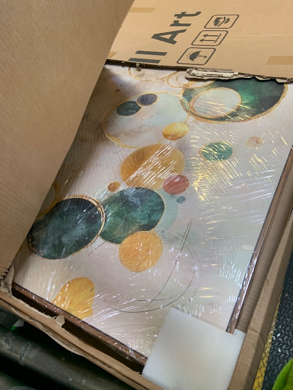 Photo 1 of Extra large framed bright green and gold circle bstract canvas wall art oversized 36x72 in