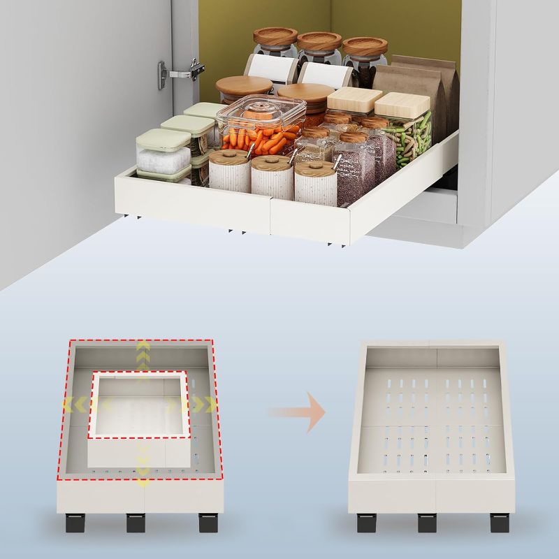 Photo 1 of Pull out Cabinet Organizer,Expandable Width(11"-21"),Depth(17"-24") with 3 Rails,Roll out Drawers,No Drill Adjustable Slide out Shelves for Kitchen,Pantry,for Both Lip and Lip-Free Cabinets,White(1PC)