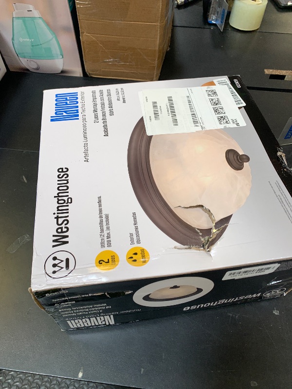 Photo 1 of Westinghouse 6230900 Naveen Two-Light Flush-Mount Exterior Fixture, Oil Rubbed Bronze Finish on Steel with White Alabaster Glass