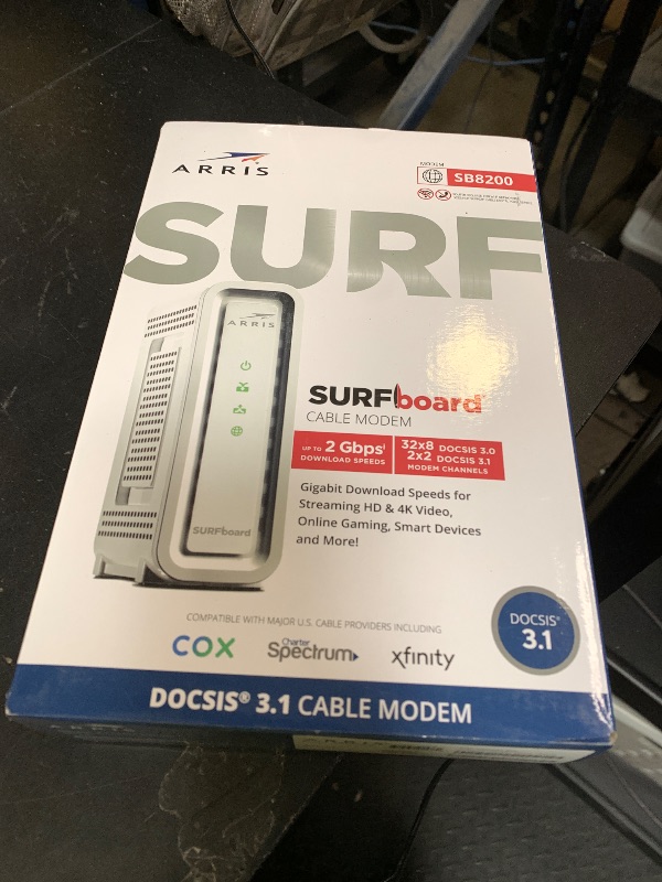 Photo 1 of ARRIS SURFboard SB8200 DOCSIS 3.1 Multi?Gig Cable Modem | 2 -1Gbps Ethernet Ports | Works with Xfinity, Cox, Spectrum | For Cable Internet Plans up to 2Gbps | Modem Only, Router Required
