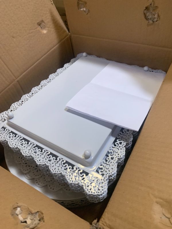 Photo 1 of Fivenl 8 Pcs Cake Stand White Metal Dessert Table Display Set, 3-Tier Cupcake Stand, Cake Display Tower and Cookie Tray Rack Serving Tray for Birthday Party, Weddings, Baby Shower (White)