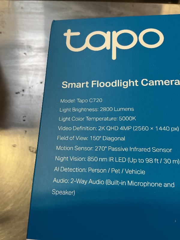 Photo 1 of Tapo 2K+ Outdoor Wired Floodlight Security Camera - 2800 Lm Dimmable, Motion Activated, Person & Vehicle Detection, 24/7 Recording, Subscription-Free Local Storage or Optional Cloud, C720