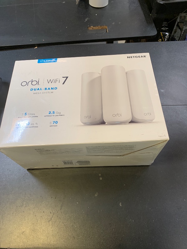 Photo 1 of NETGEAR Orbi 370 Series Dual-Band WiFi 7 Mesh Network System for Home (RBE373) – Wireless Router + 2 Extenders, Security Features, 5 Gbps, Covers 6,000 sq.ft., 70 Devices, 2.5GB Internet Port, BE5000