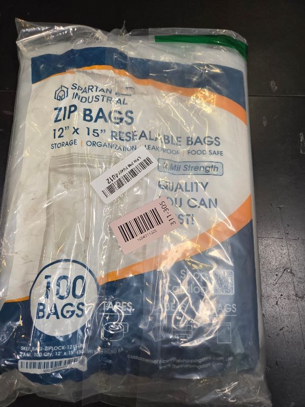 Photo 1 of Spartan Industrial - 12" X 15" (100 Count) 2 Mil Clear Reclosable Zip Plastic Poly Bags with Resealable Lock Seal Zipper